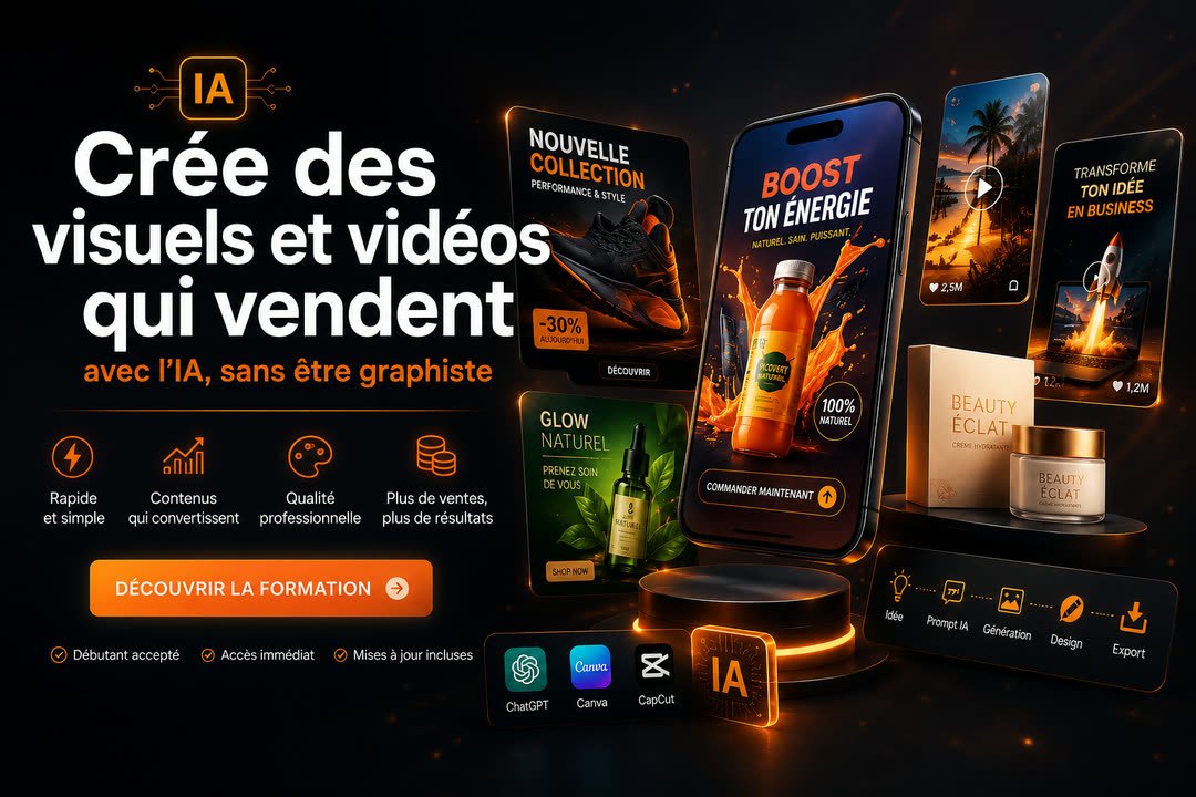 Exemples de visuels et vidéos publicitaires créés avec l'IA — affiches, mockups, vidéos TikTok — grâce à la formation Créa Vente IA