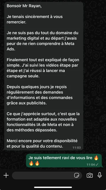 Retour d'un élève — formation Meta Ads IA 2026