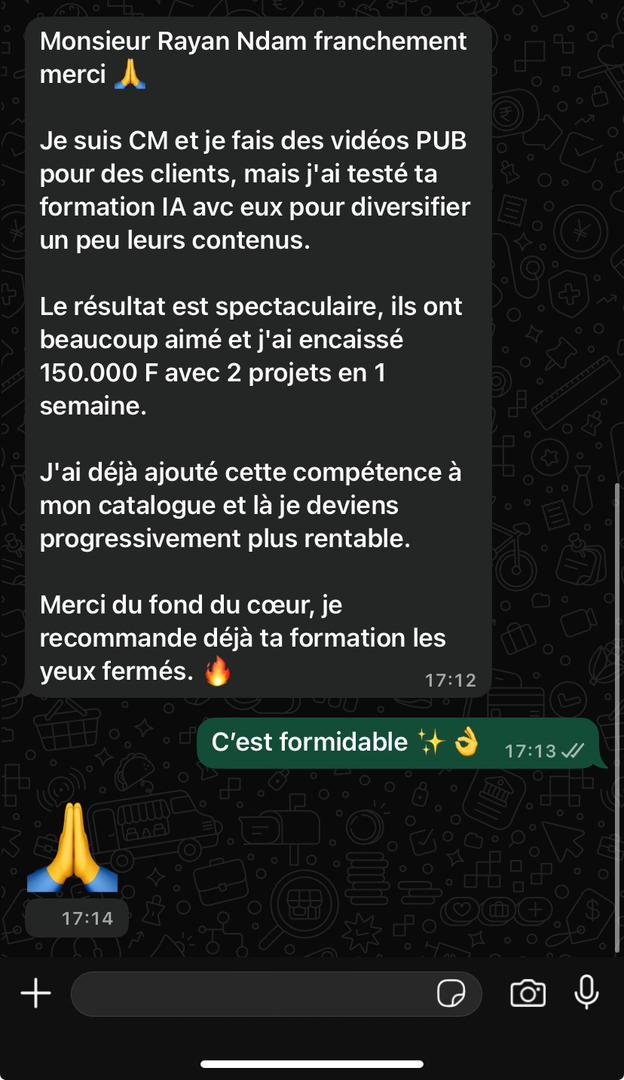 Témoignage — CM ayant encaissé 150 000 FCFA avec 2 projets en 1 semaine grâce à la formation
